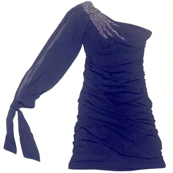 Charlotte Russe Navy One Shoulder Rhinestone Bodycon Dress- Size Small - Picture 1 of 11